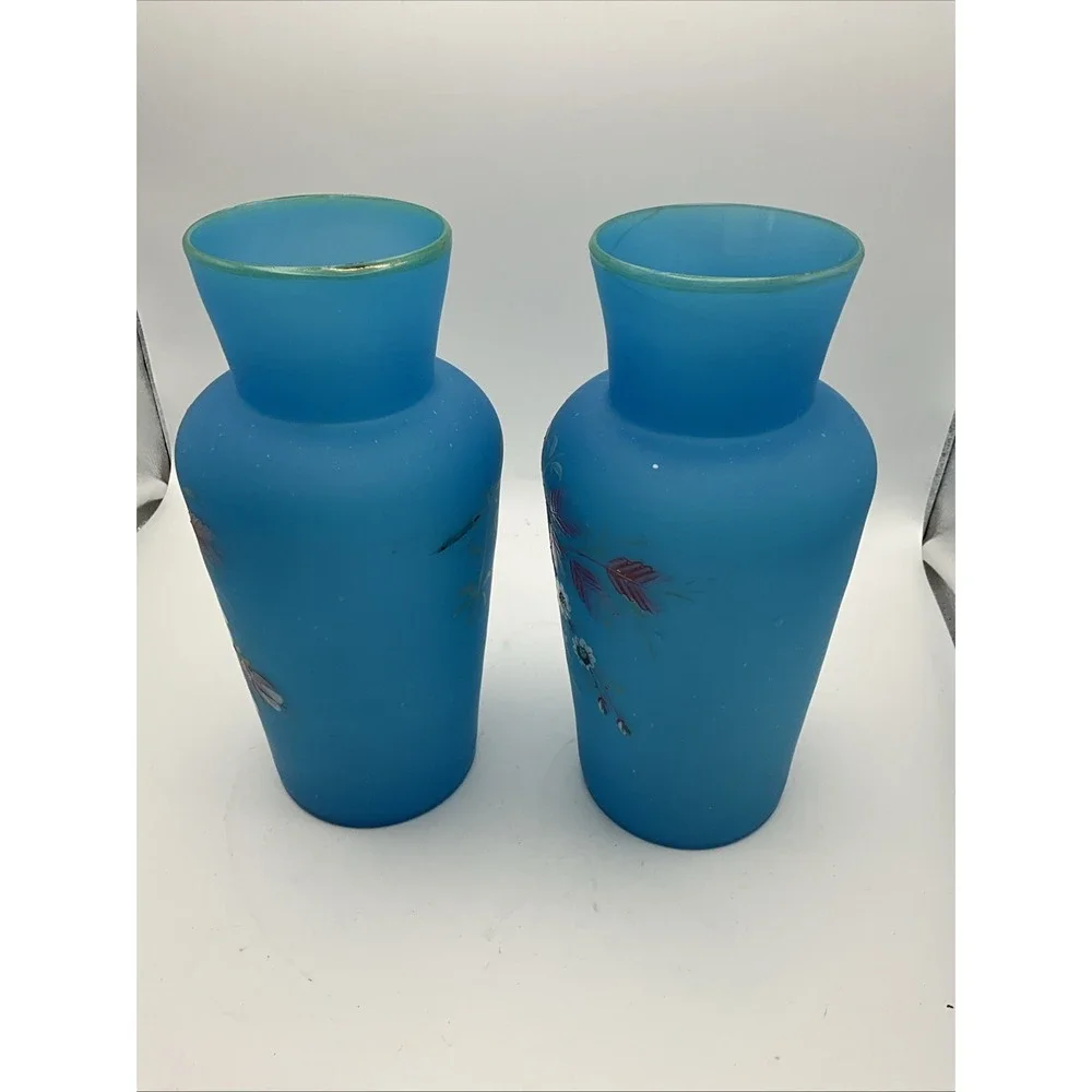Pair Vintage Blue Satin Glass Floral Vases Hand Painted Frosted 6.5